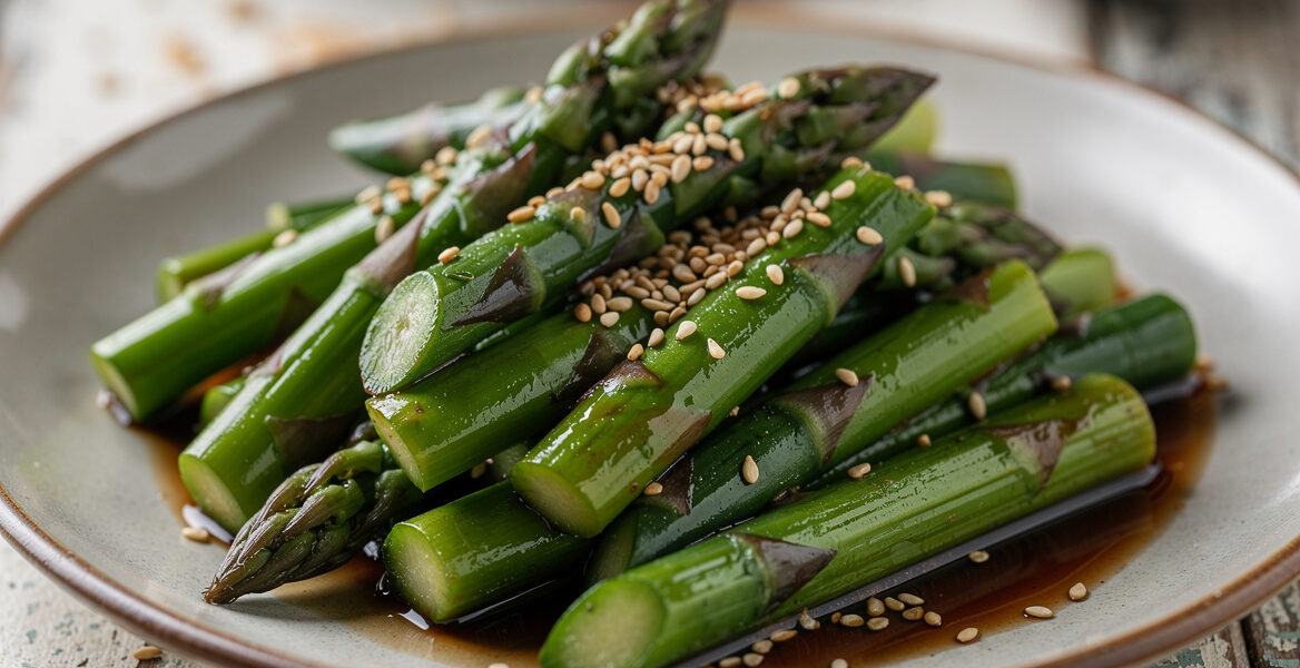 Groene asperges met sojasaus en sesamzaad