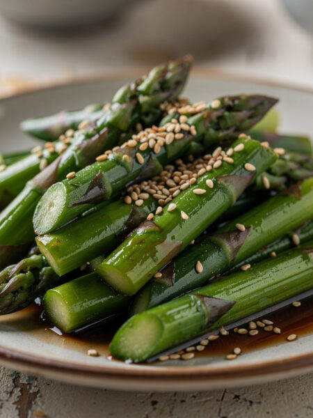 Groene asperges met sojasaus en sesamzaad