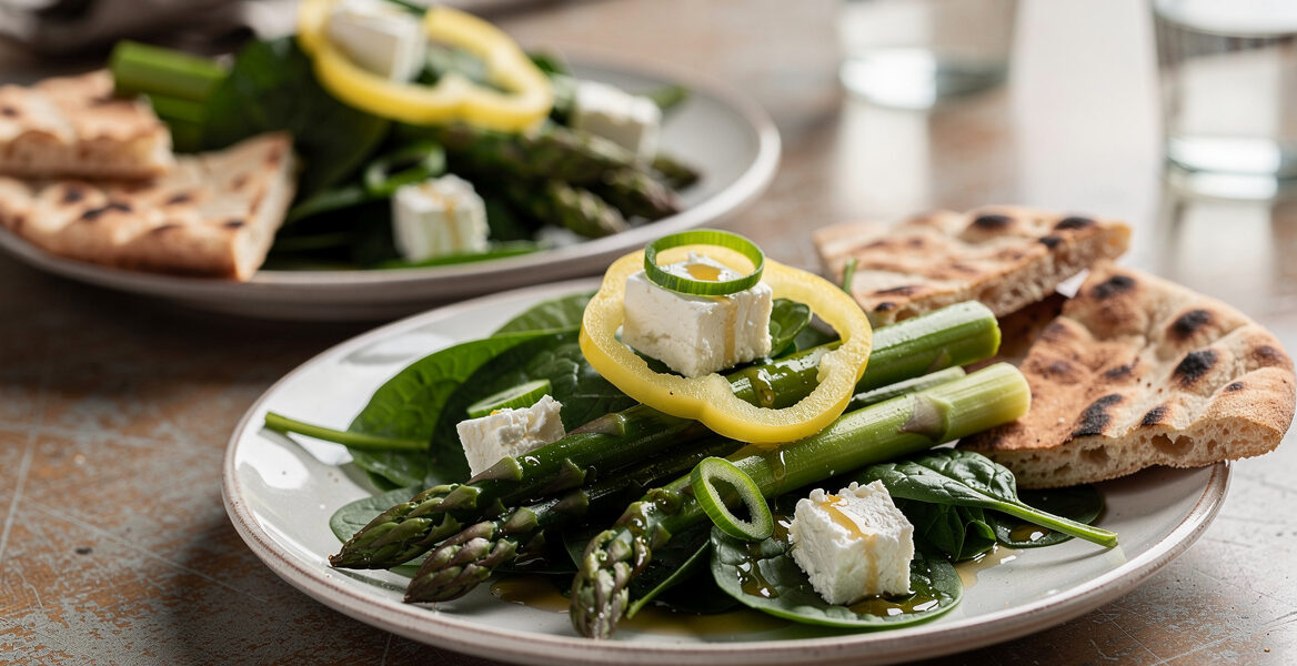 Groene aspergesalade met feta en spinazie