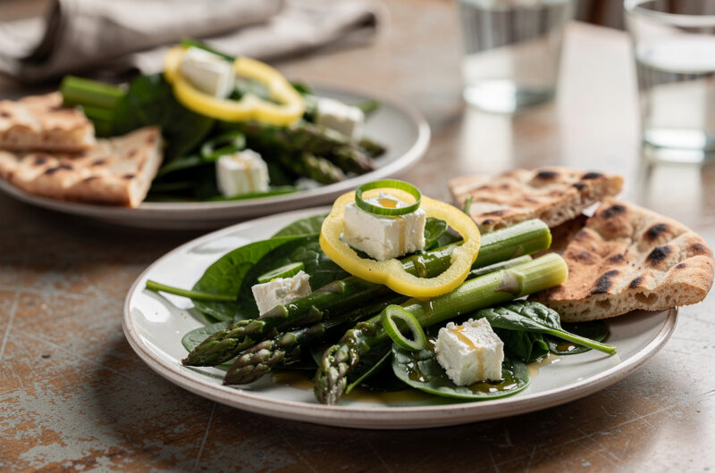 Groene aspergesalade met feta en spinazie