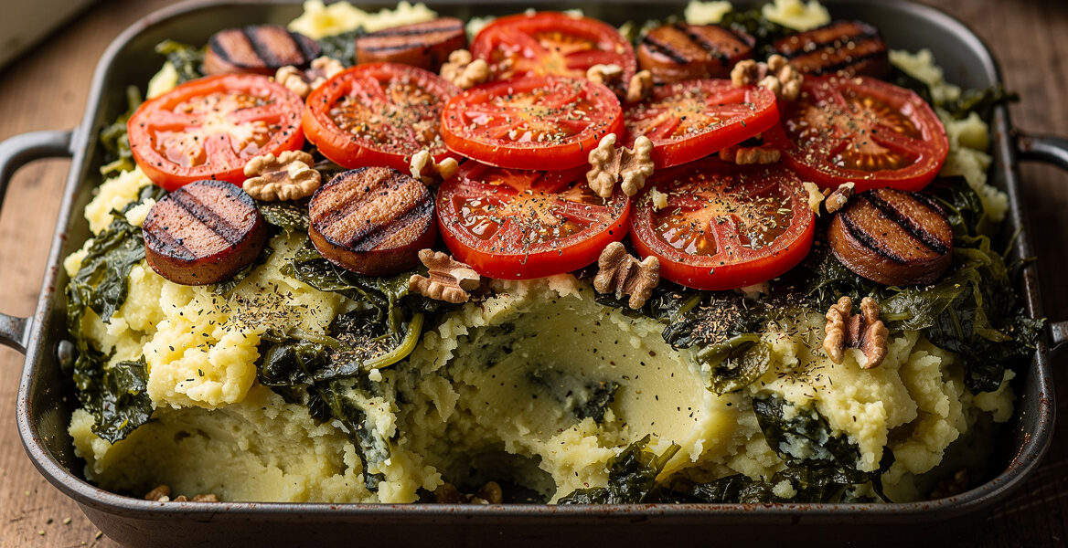 Groene koolstamppot met een tomatendakje