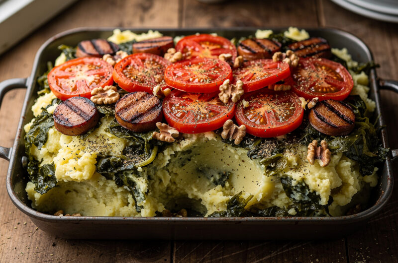 Groene koolstamppot met een tomatendakje