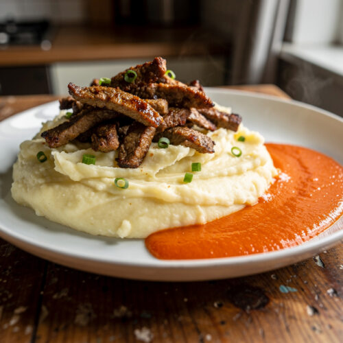 Knoflookstamppot met shoarma en paprikasaus.