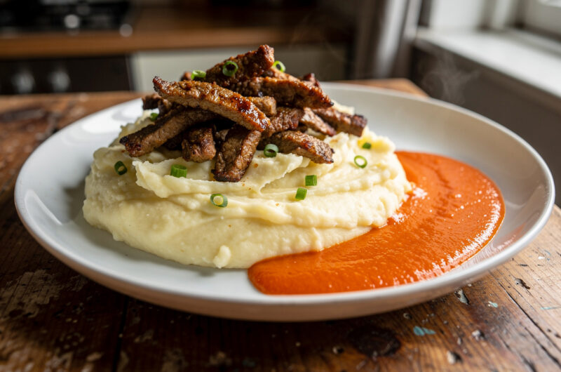 Knoflookstamppot met shoarma en paprikasaus.