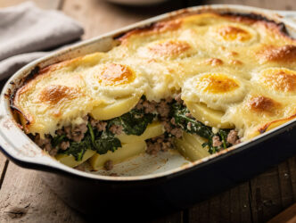 Ovenschotel met spinazie, aardappel en gehakt