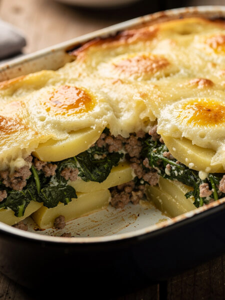 Ovenschotel met spinazie, aardappel en gehakt