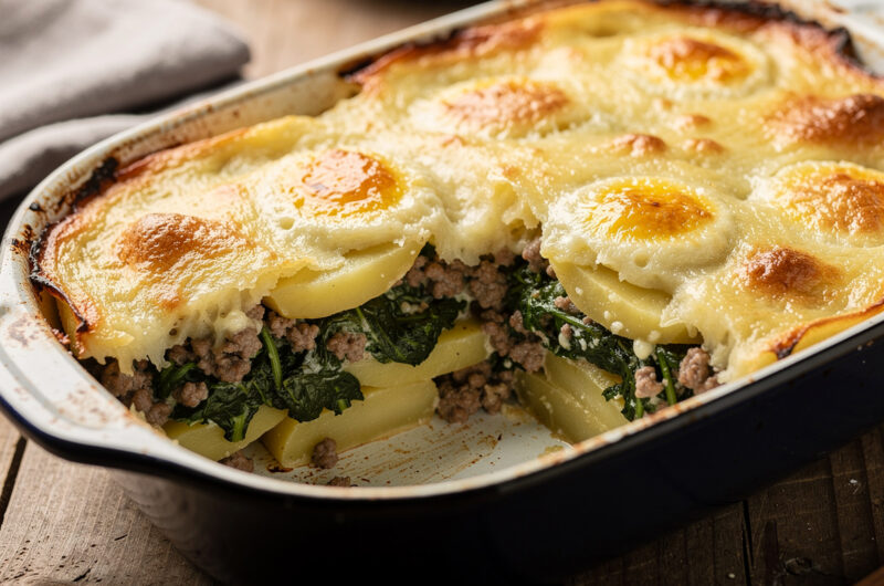Ovenschotel met spinazie, aardappel en gehakt