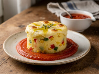 Paprikastamppot met ma&iuml;s en mozzarella met tomatensaus