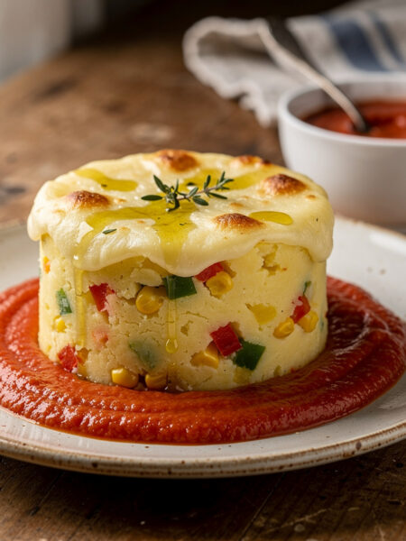 Paprikastamppot met ma&iuml;s en mozzarella met tomatensaus