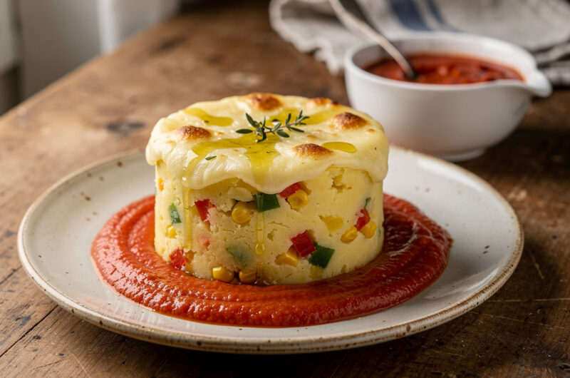 Paprikastamppot met ma&iuml;s en mozzarella met tomatensaus