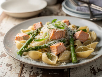 Pasta met groene asperges en zalm