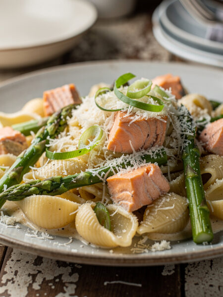 Pasta met groene asperges en zalm