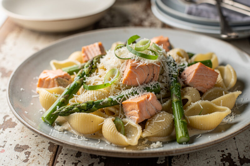 Pasta met groene asperges en zalm