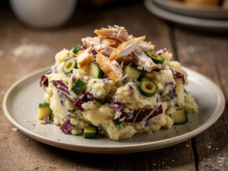 Radicchio-courgettestamppot met gerookte kip