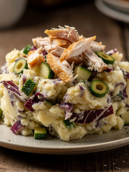 Radicchio-courgettestamppot met gerookte kip