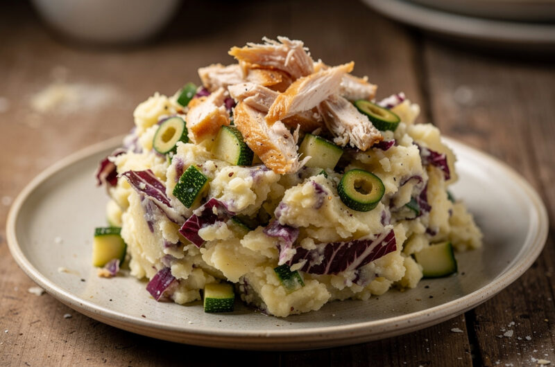 Radicchio-courgettestamppot met gerookte kip