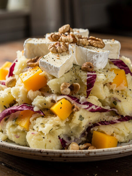 Radicchiostamppot met geitenkaas en mango