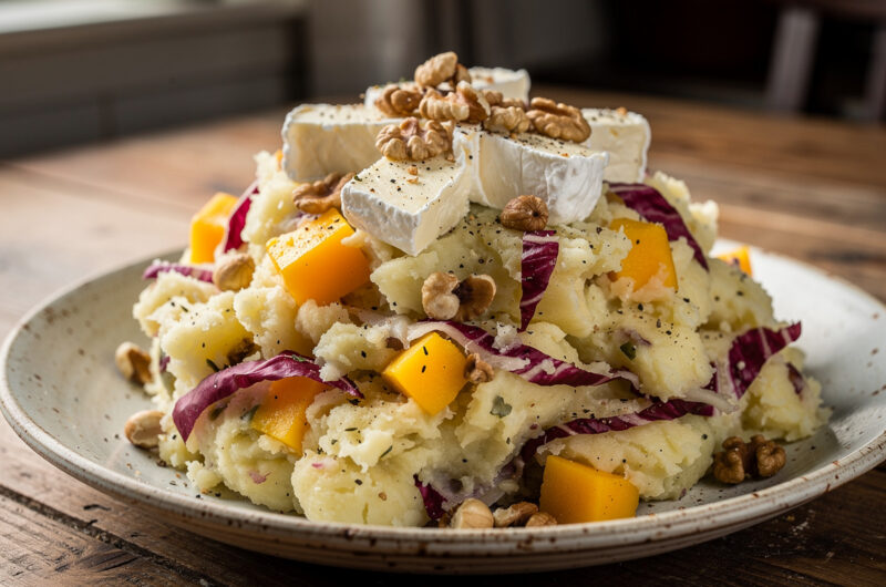 Radicchiostamppot met geitenkaas en mango