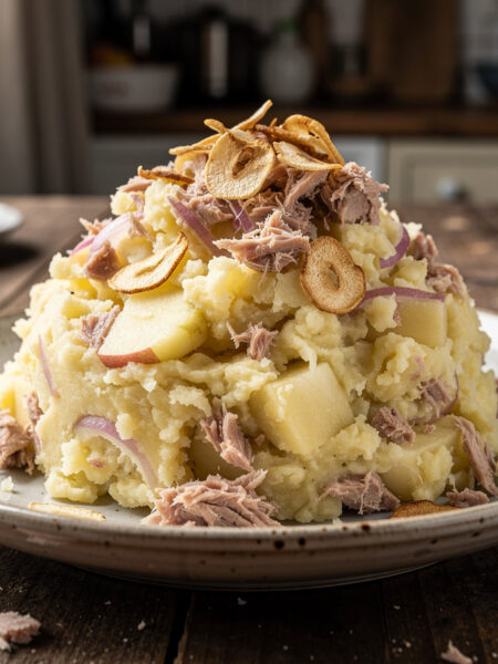 rode ui-appelstamppot met tonijn en gefrituurde knoflook