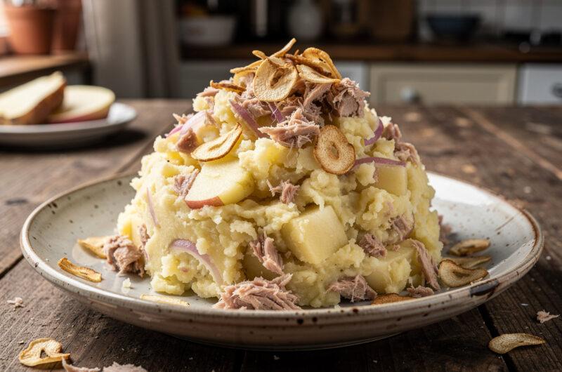 rode ui-appelstamppot met tonijn en gefrituurde knoflook