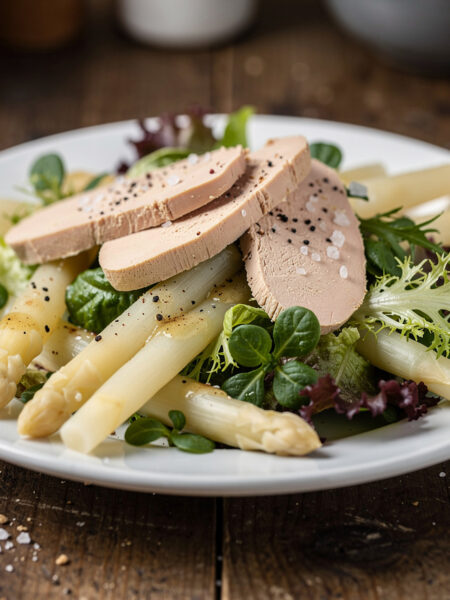 Salade met asperges, eendenlever en wijnvinaigrette