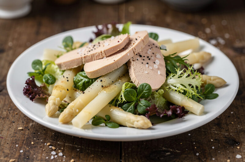 Salade met asperges, eendenlever en wijnvinaigrette