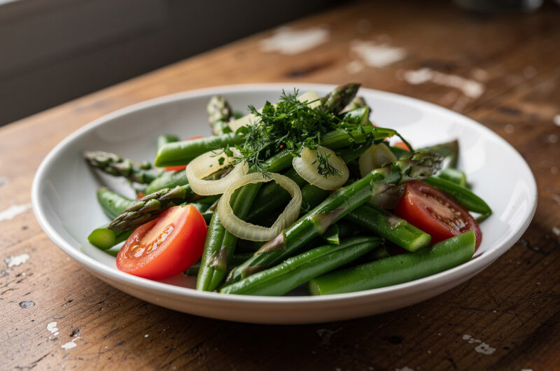 Sperziebonenschotel met groene asperges