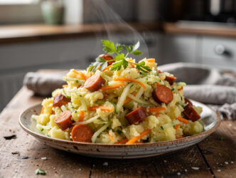 Stamppot met chorizo en komkommer