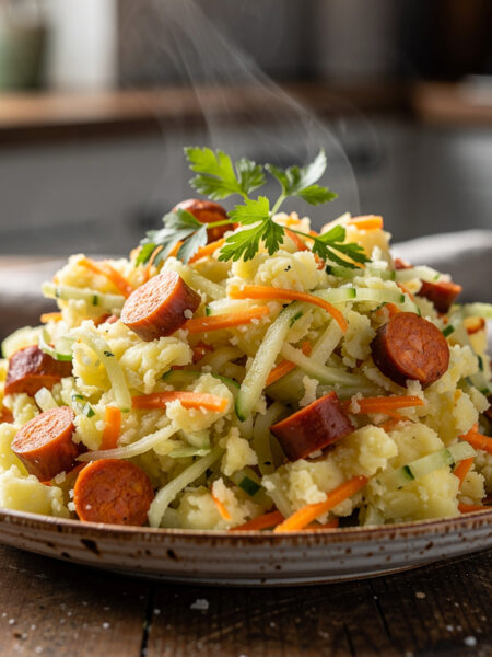Stamppot met chorizo en komkommer