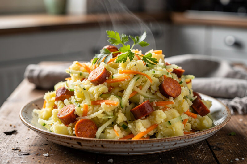 Stamppot met chorizo en komkommer