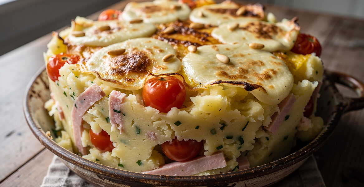 Stamppot met kerstomaatjes, ham en mozzarella