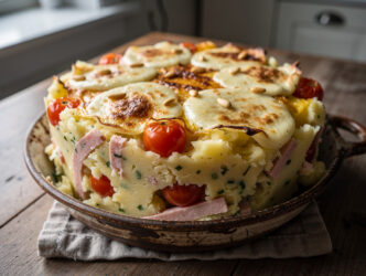 Stamppot met kerstomaatjes, ham en mozzarella