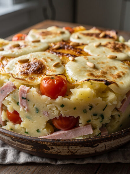 Stamppot met kerstomaatjes, ham en mozzarella