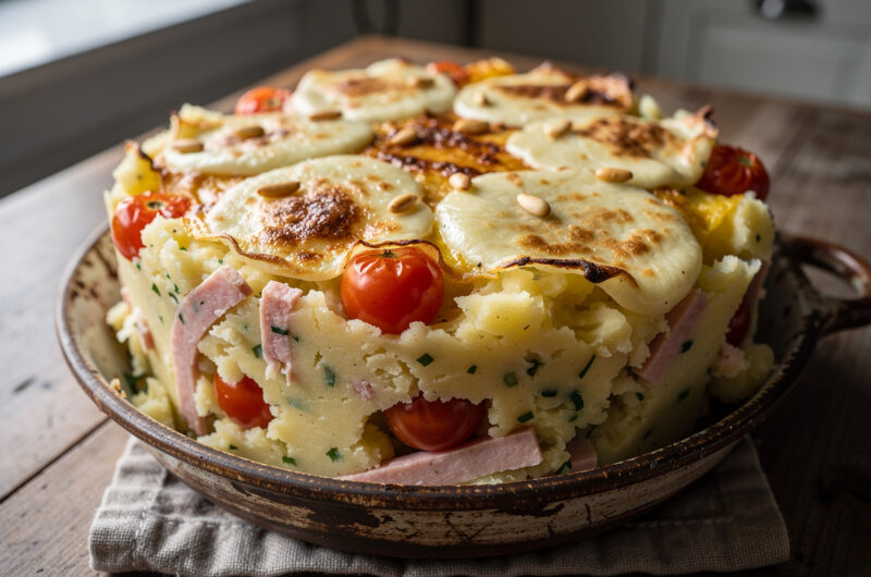 Stamppot met kerstomaatjes, ham en mozzarella