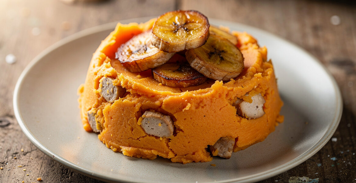 Stamppot zoete aardappelen met seitan en gebakken banaan
