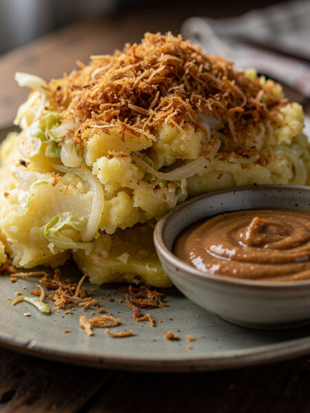 Witte koolstamppot met seroendeng en pindasaus