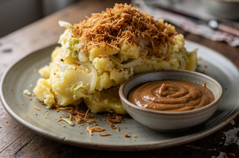 Witte koolstamppot met seroendeng en pindasaus