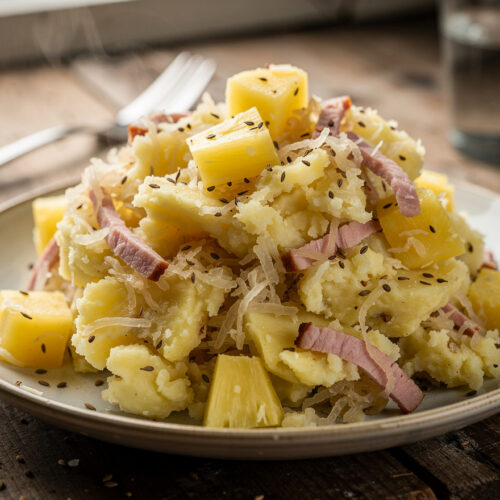 Zuurkoolstamppot met stukjes ananas