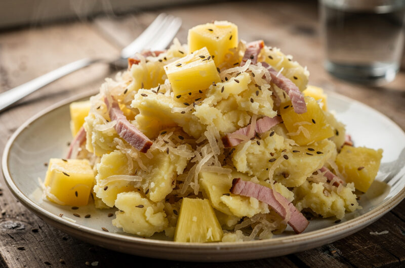 Zuurkoolstamppot met stukjes ananas