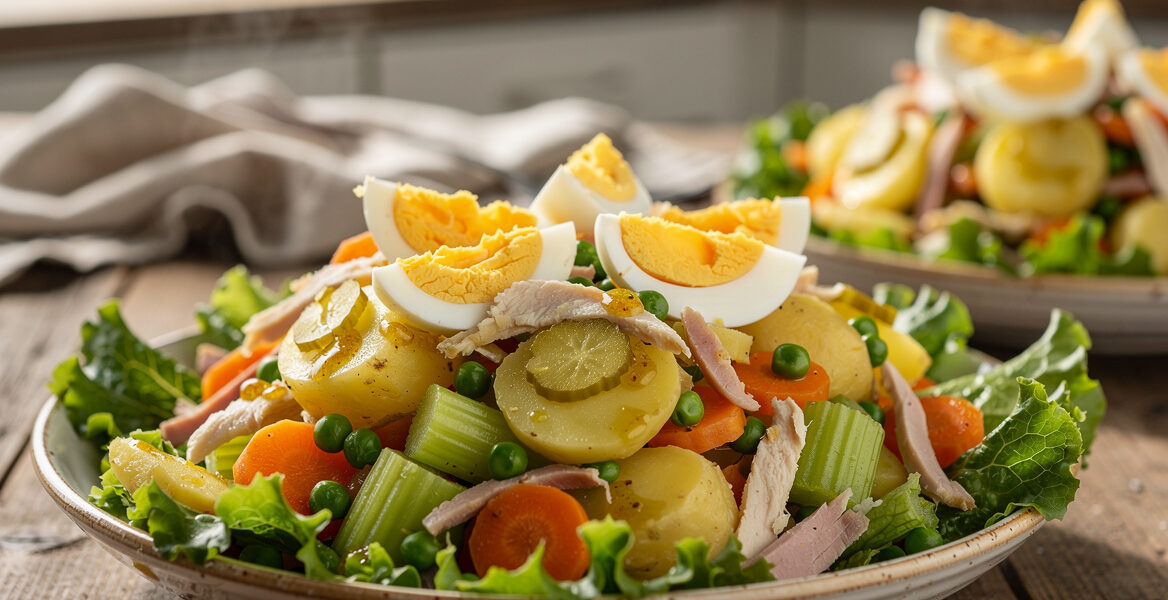 Aardappelsalade met groente en ei