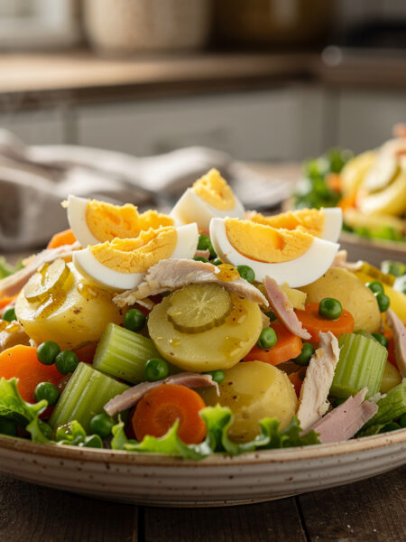 Aardappelsalade met groente en ei