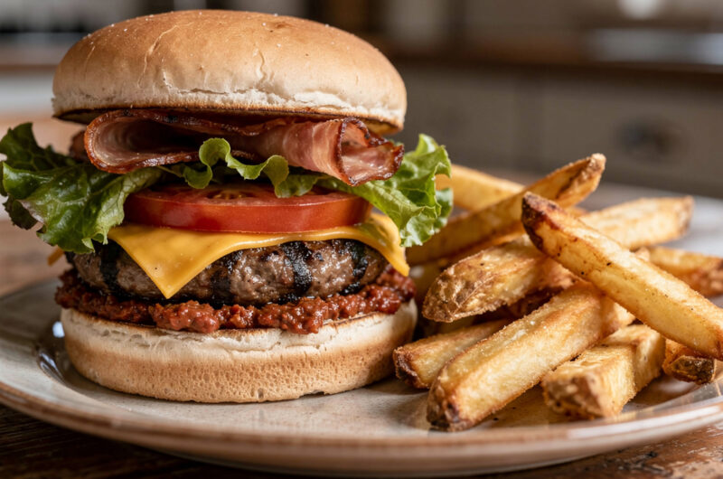 Broodje hamburger met patat
