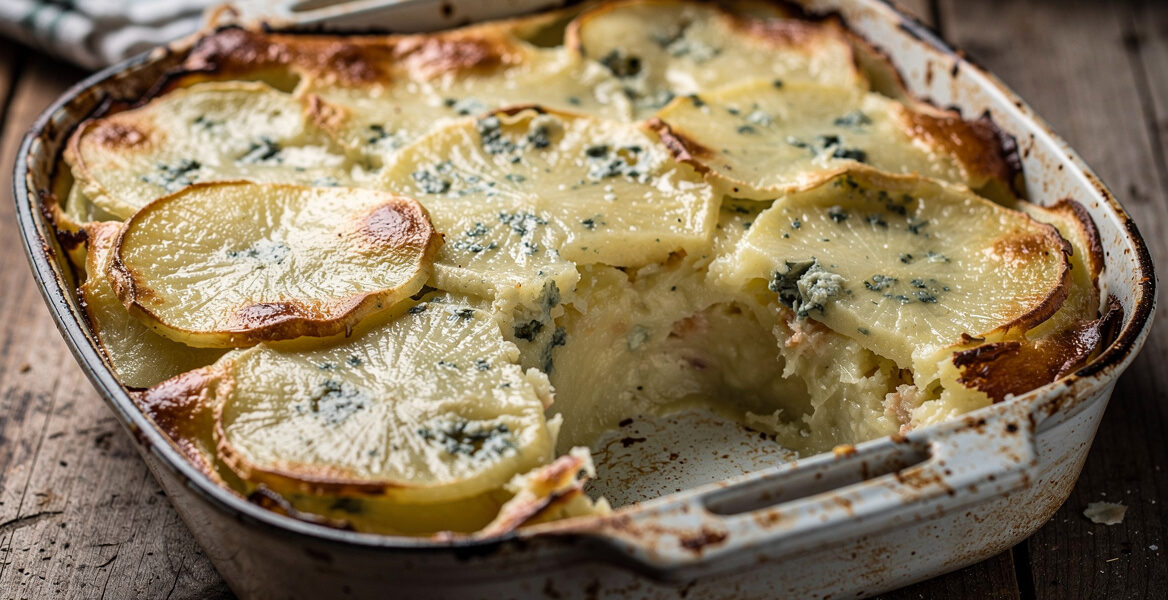 Knolselderij-aardappelschotel met gorgonzolasaus