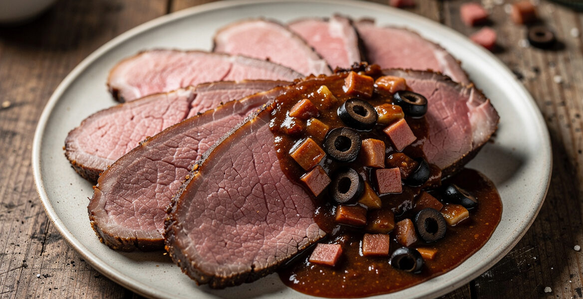 Rosbief met salami-olijvenjus