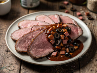 Rosbief met salami-olijvenjus