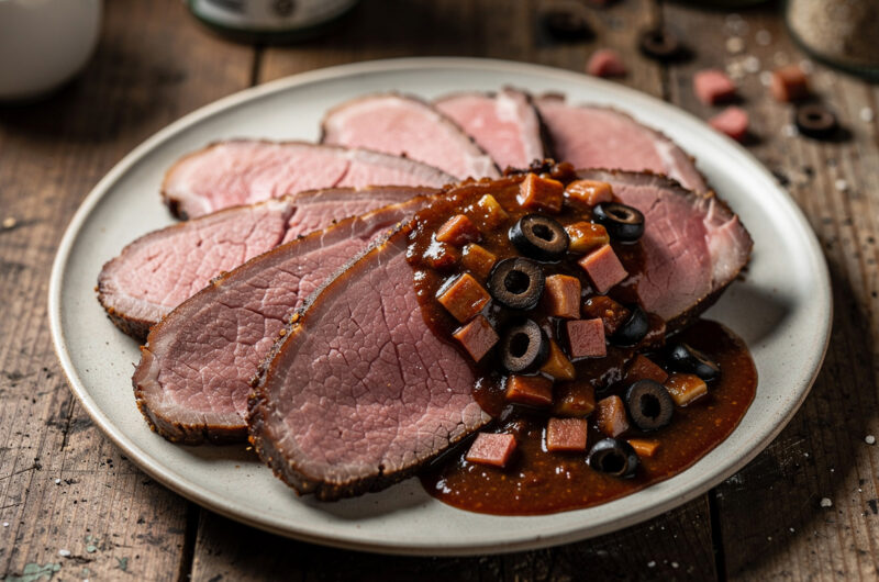 Rosbief met salami-olijvenjus