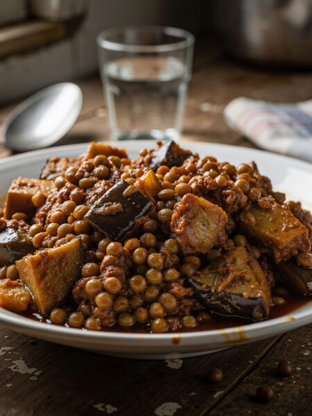Rummaniyeh met linzen en aubergine