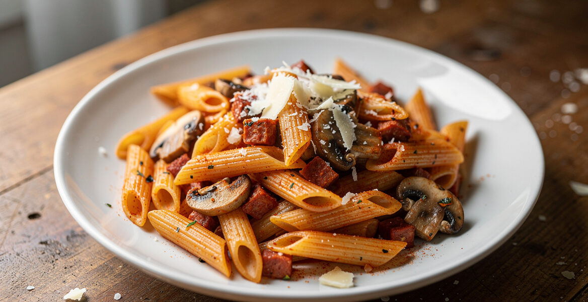 Bootpasta met chorizo en champignons