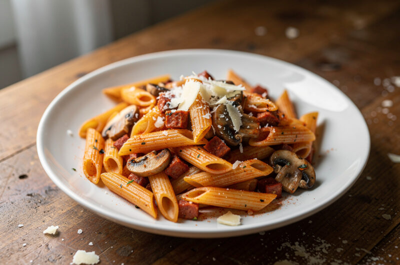 Bootpasta met chorizo en champignons
