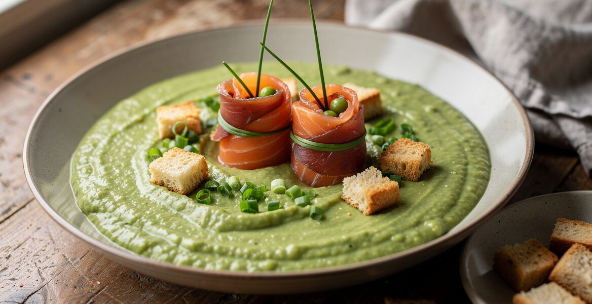 Erwtensoep met zalm en croutons